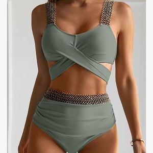 NEW Green, Tummy Control, High Waisted, Criss Cross Wrap, Bikini